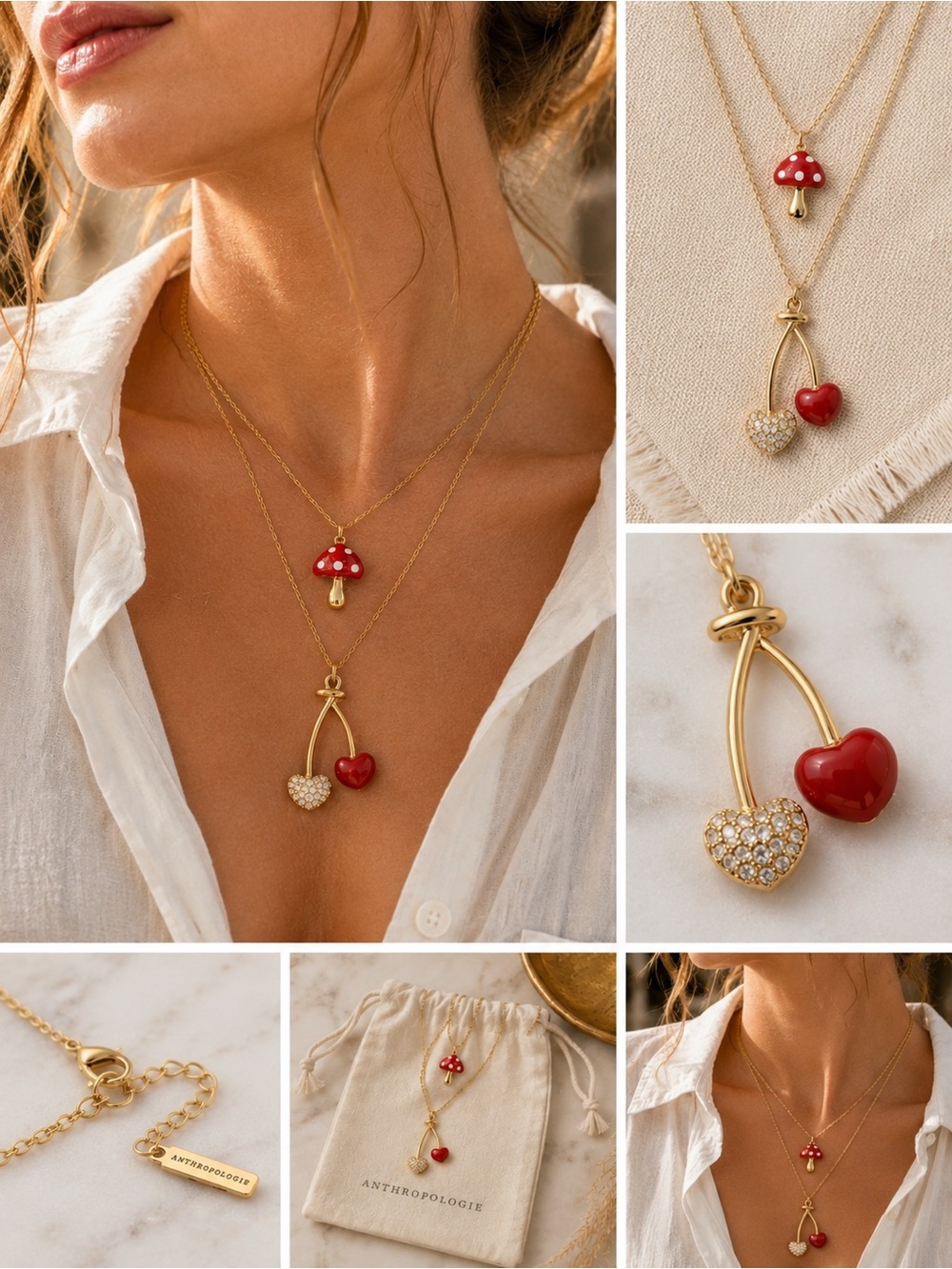 Anthropologie Gold-Tone Layered Necklace Set with Red Enamel Mushroom & Cherry